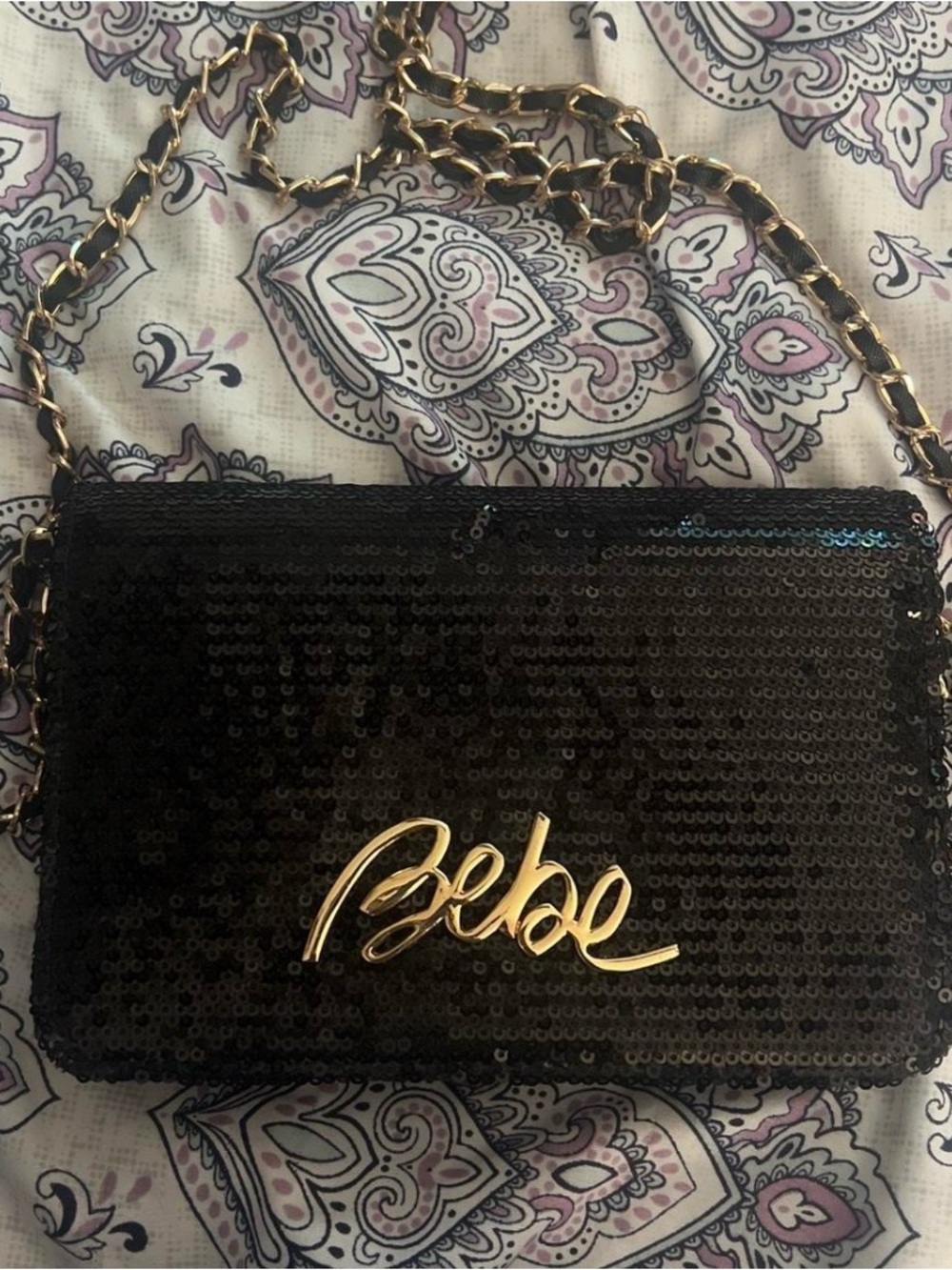 bebe Black Sequin Crossbody with Gold Chain